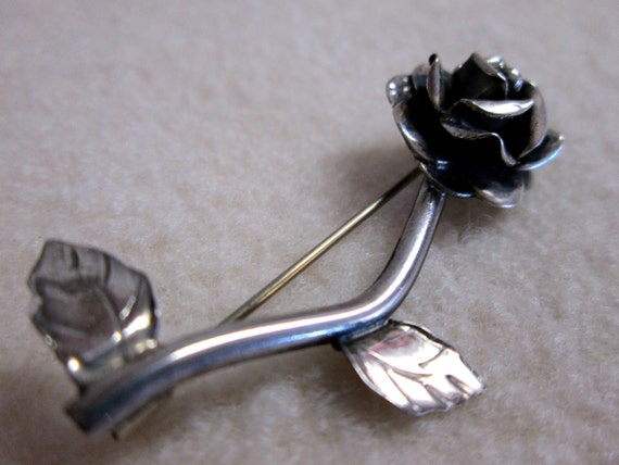 Vintage 50s Sterling Silver Rose Brooch Mexico - image 4