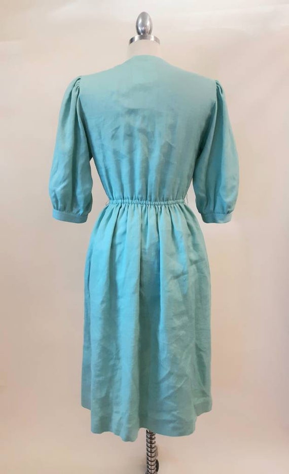 Vintage 1970s Aqua Linen Dress Puff Sleeve Sailor… - image 4