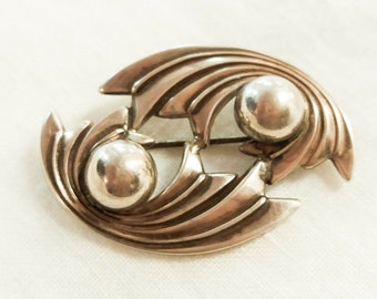 Vintage Modernist Sterling Silver Jewelart Pin Atomic Swirl Repousse Brooch