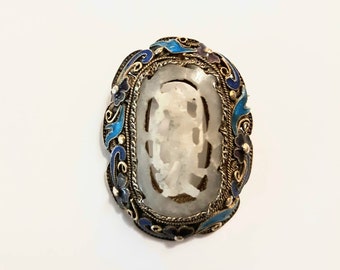Antique Carved White Jade Pin Silver Filigree Enamel Brooch Art Nouveau Chinese Cloisonee