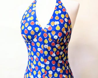 Vintage 70s Ladybug Maxi Halter Dress ~ SO CUTE! ~ Blue Red Yellow Bugs & Flowers Small / Medium