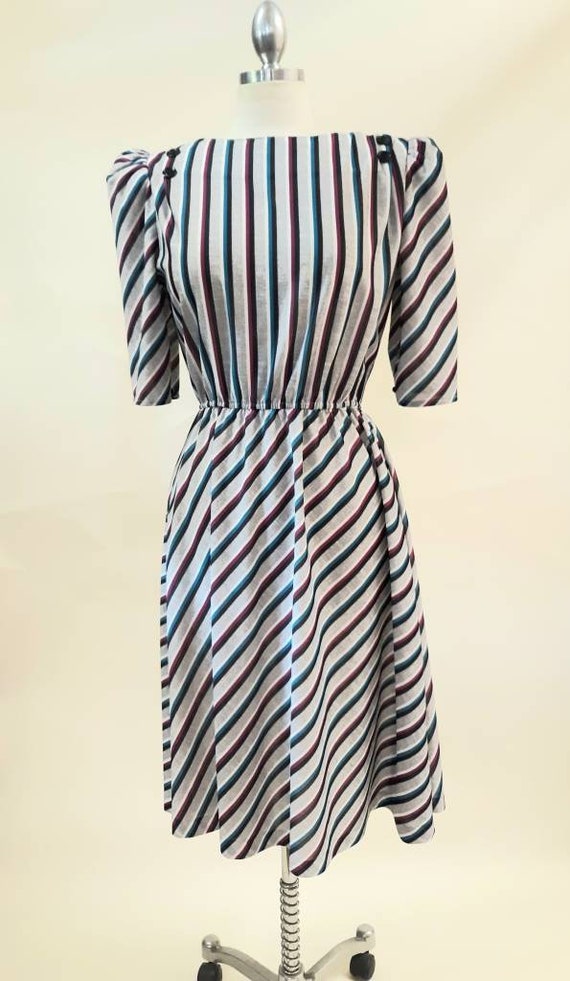 Vintage 80s Stripe Dress Puff Sleeve Button Back … - image 7