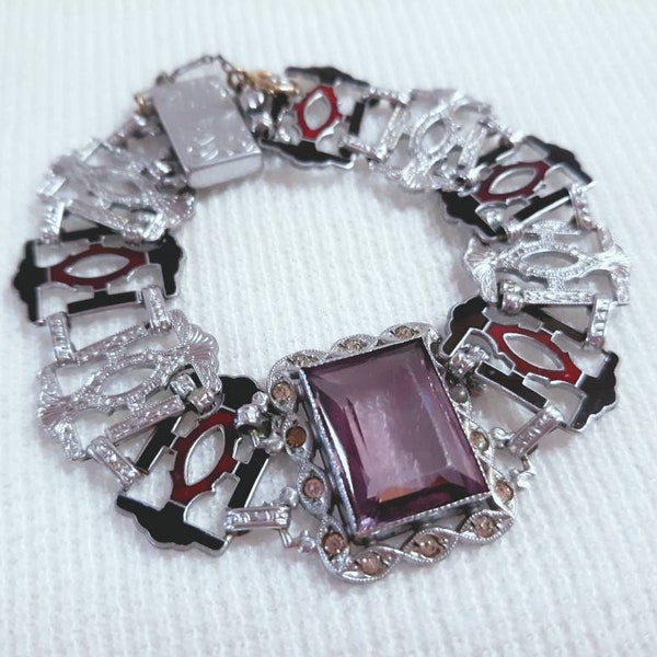 Vintage Art Deco Bracelet Silver Enamel Paste PS Co Flapper Jewelry