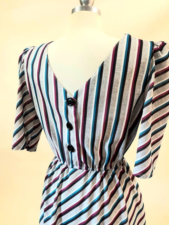 Vintage 80s Stripe Dress Puff Sleeve Button Back … - image 8