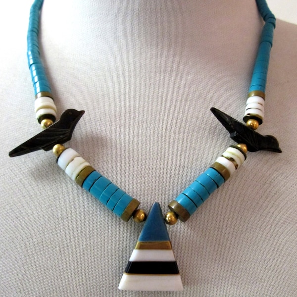 Vintage 70s Turquoise Necklace Heishi Fetish Bird Zuni Pyramid