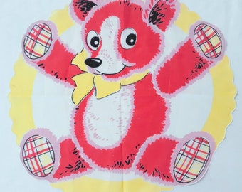 Vintage Round Handkerchief Childrens Hanky Pink Teddy Bear