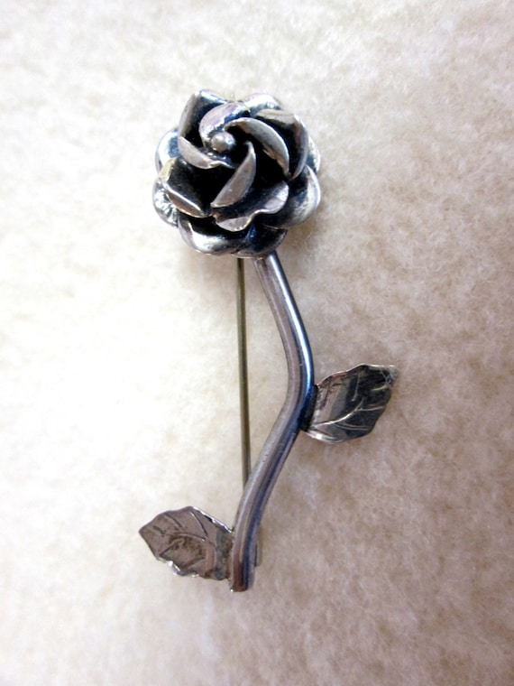 Vintage 50s Sterling Silver Rose Brooch Mexico - image 1