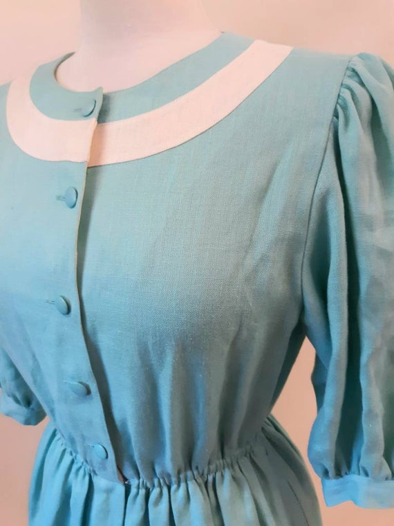 Vintage 1970s Aqua Linen Dress Puff Sleeve Sailor… - image 5