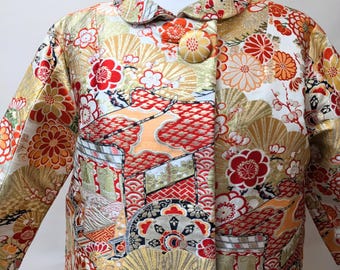 Vintage 60s Brocade Coat Hong Kong Silk Metallic Satin BRIGHT Colorful Chinese Floral Large M/L