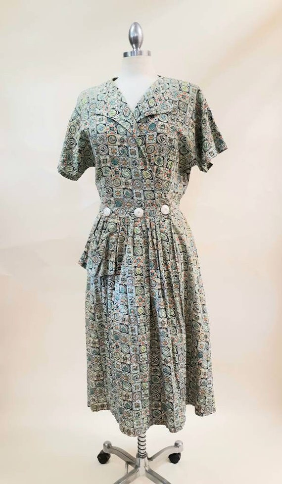 Vintage 1940s Linen Dress Wrap Front Medallion Pri