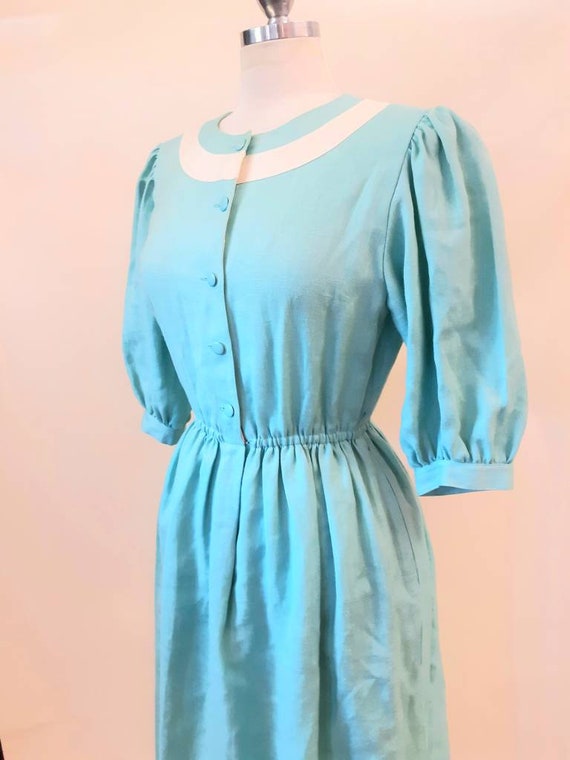 Vintage 1970s Aqua Linen Dress Puff Sleeve Sailor… - image 2