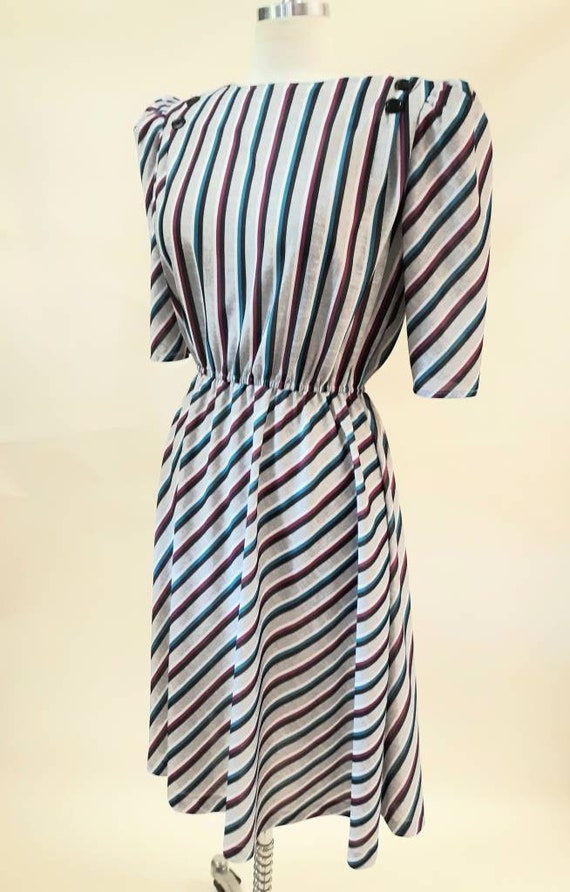 Vintage 80s Stripe Dress Puff Sleeve Button Back … - image 2