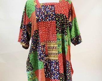 Vintage Design House Smock Apron Tie Back Top Hippie Boho Quilted Patchwork Floral