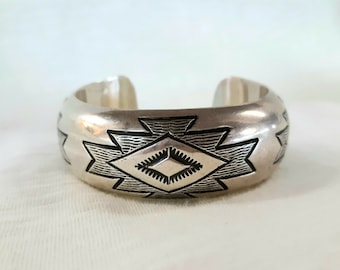 Vintage Sterling Silver Navajo Cuff Bracelet Signed Bighand Chimayo Design