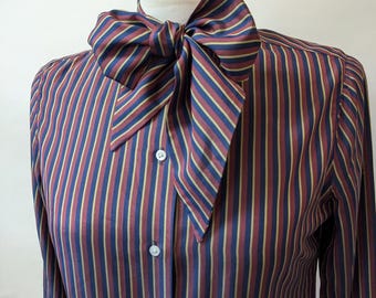 Vintage 70s Abercrombie Fitch Silk Shirt Pussy Bow Pinstripe Pussycat Neck Tie Secretary Working Girl S/M