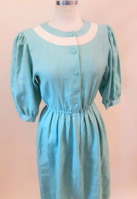 Vintage 1970s Aqua Linen Dress Puff Sleeve Sailor… - image 3