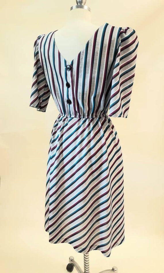 Vintage 80s Stripe Dress Puff Sleeve Button Back … - image 4