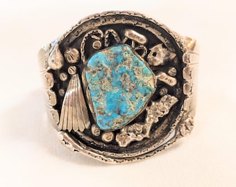 Vintage Navajo Sterling Silver Turquoise Cuff Bracelet Authentic Hand Made