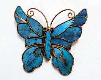 Antique Chinese Kingfisher Butterfly Brooch - Qing Dynasty Jewelry Bird Feather Inlay