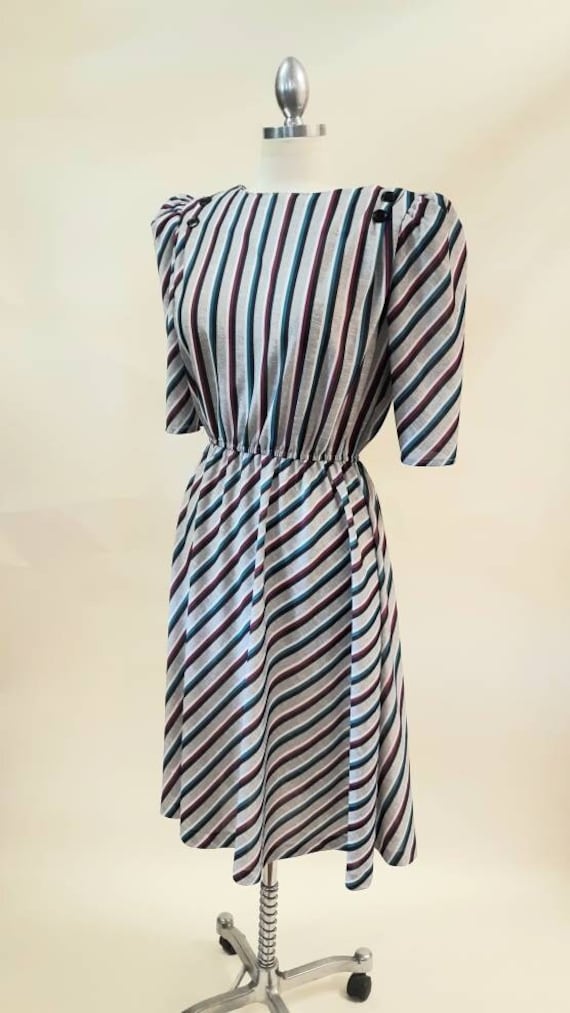 Vintage 80s Stripe Dress Puff Sleeve Button Back D