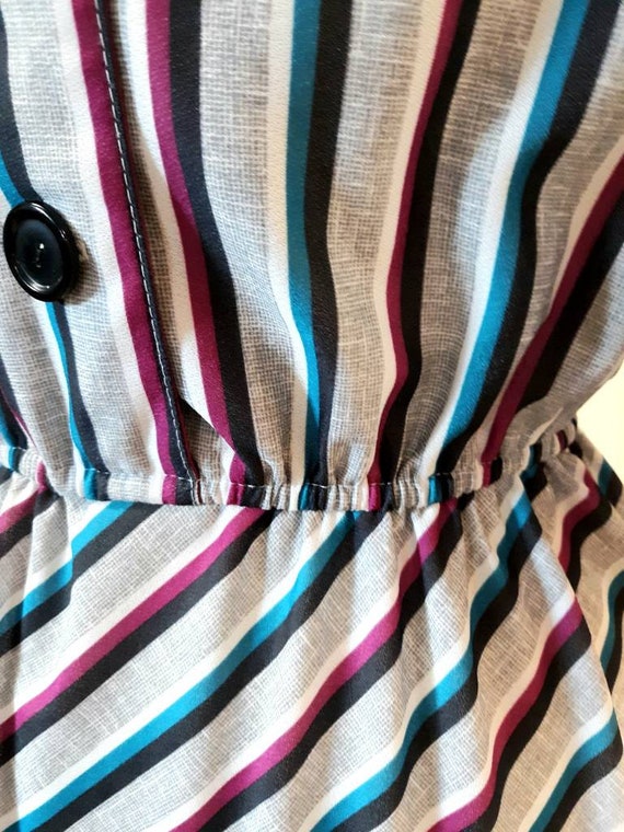 Vintage 80s Stripe Dress Puff Sleeve Button Back … - image 9