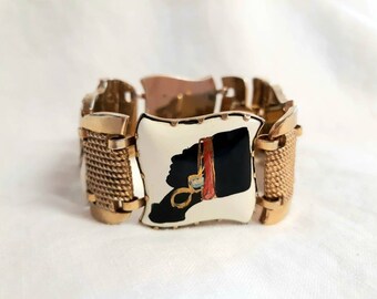 Vintage 1950s Blackamoor African Portraits Bracelet Hand Painted Glass