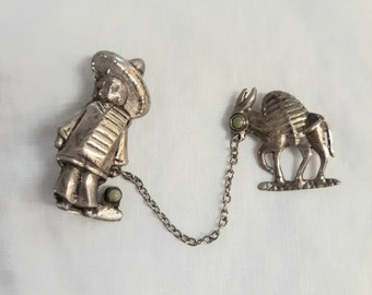Vintage 1940s Sterling Man Burro 2 Pin Pair Sombrero Donkey