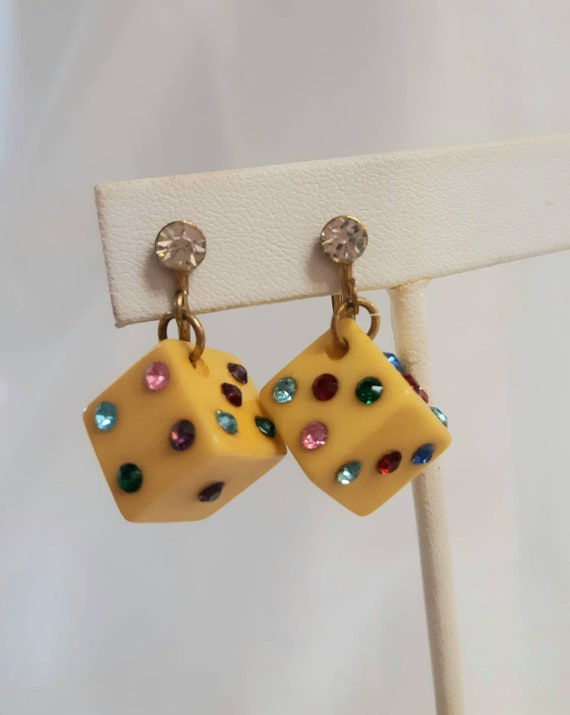 Vintage Bakelite Dice Earrings Rainbow Rhinestone