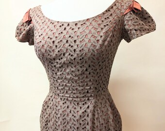 Vintage 60s Chocolate Brown Eyelet Dress Jean Andre California Embroidered Size S