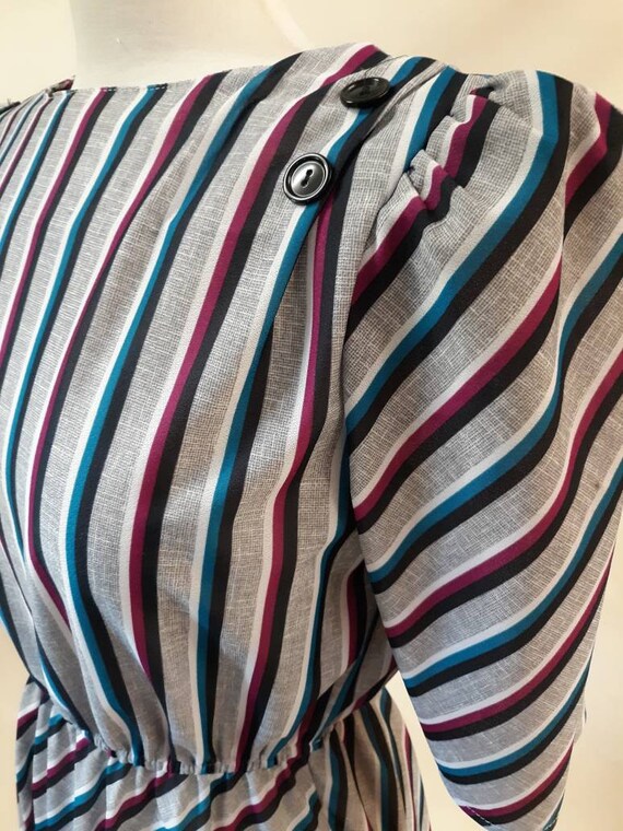 Vintage 80s Stripe Dress Puff Sleeve Button Back … - image 3