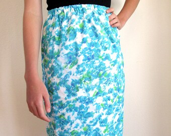 Vintage 60s Blue Floral Poly Pencil Skirt