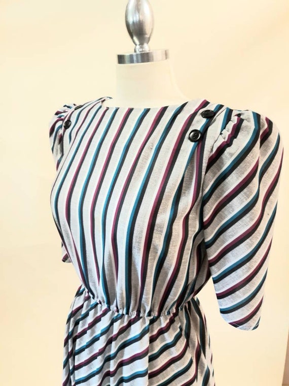 Vintage 80s Stripe Dress Puff Sleeve Button Back … - image 5