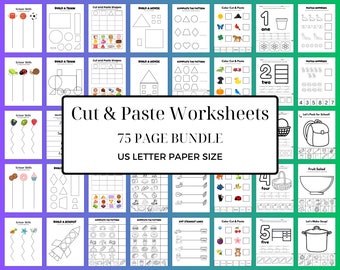 Cut & Paste Worksheet Bundle, 75 Pages, Printable, Instant Download, Worksheet Bundle