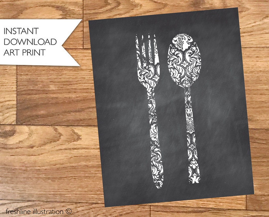 set of 8 kitchen prints, coffee print set, fork spoon... Fork and Spoon Kitchen Art Print: Ornate Utensils (digital Download) - Etsy