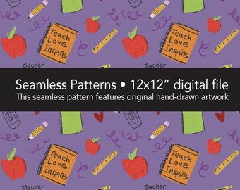 Teacher Digital Paper Pattern, Seamless School Pattern, Back to School, Classroom Design