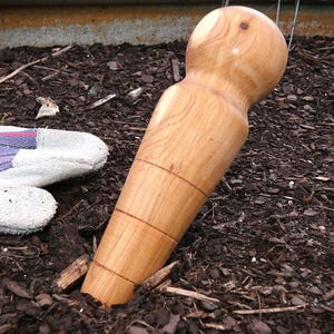 May include: A wooden garden stake with a rounded top and a tapered body, partially inserted into dark soil. The stake is light brown with visible wood grain. A work glove with white and purple accents rests nearby.