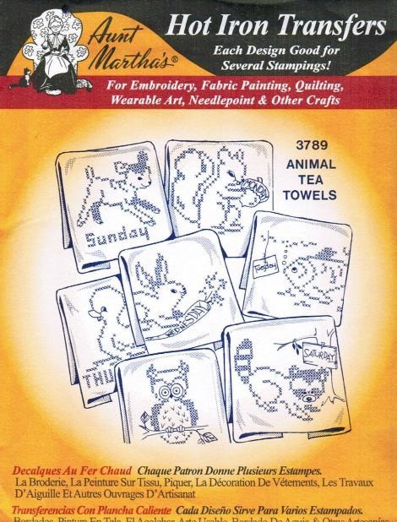 Animal Tea Towel Aunt Martha's Embroidery Transfer Designs 3789 image 1