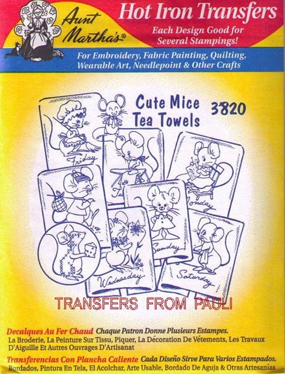 Cute Mouse Tea Towels Aunt Martha's Embroidery Transfer pattern #3820 Cute Mouse Tea Towels Aunt Martha's Embroidery Transfer pattern #3820
