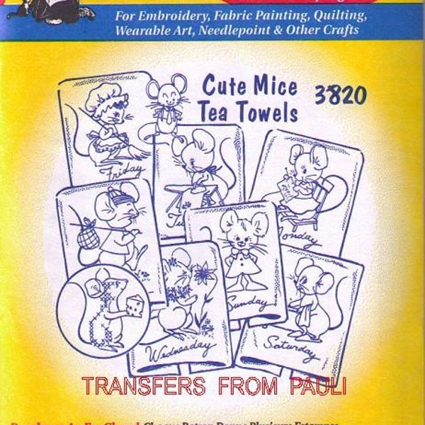 Cute Mouse Tea Towels Aunt Martha's Embroidery Transfer pattern #3820