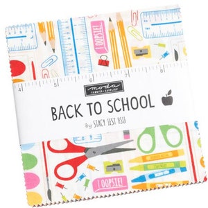 May include: A white fabric square with a colorful print of school supplies, including pencils, rulers, scissors, and crayons. The fabric has a white border with the text "Back to School" and "by Stacy Iest Hsu".