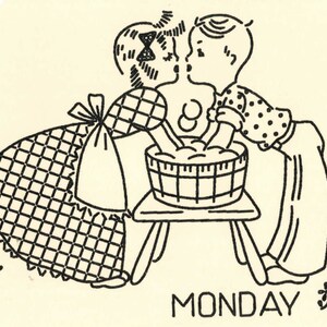 May include: A black and white illustration of a girl and a boy washing clothes in a tub. The girl is wearing a checkered dress and the boy is wearing a polka dot shirt and pants. The text "MONDAY" is written below the image.