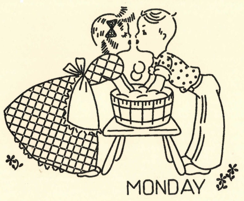 May include: A black and white illustration of a girl and a boy washing clothes in a tub. The girl is wearing a checkered dress and the boy is wearing a polka dot shirt and pants. The text "MONDAY" is written below the image.