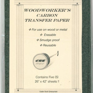 May include: A package of five sheets of erasable, smudge-proof, reusable carbon transfer paper for woodworking or metal. The paper is 26 inches by 42 inches and is made by CRE Brand. The package is labeled "Woodworker's Carbon Transfer Paper".