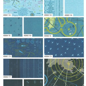 Pode incluir: Uma folha de amostras de tecido com v&aacute;rios designs tem&aacute;ticos de avia&ccedil;&atilde;o em tons de azul, verde e cinza. Os designs incluem ilustra&ccedil;&otilde;es de avi&otilde;es, cartas de navega&ccedil;&atilde;o e texto. As palavras "HIGH FLIGHT" e "Sarah Thomas of SARIDITTY" s&atilde;o vis&iacute;veis.