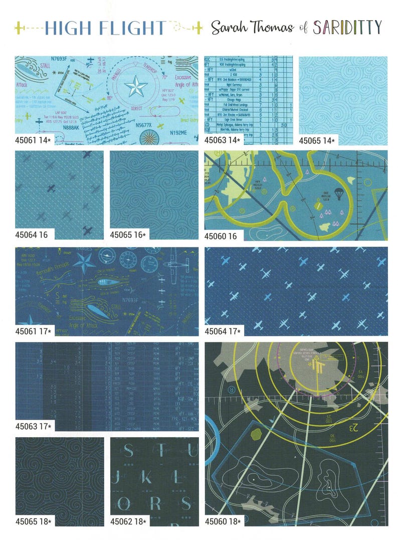 Pode incluir: Uma folha de amostras de tecido com v&aacute;rios designs tem&aacute;ticos de avia&ccedil;&atilde;o em tons de azul, verde e cinza. Os designs incluem ilustra&ccedil;&otilde;es de avi&otilde;es, cartas de navega&ccedil;&atilde;o e texto. As palavras "HIGH FLIGHT" e "Sarah Thomas of SARIDITTY" s&atilde;o vis&iacute;veis.