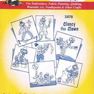 May include: A vintage sheet of iron-on transfers featuring illustrations of a clown in various poses. The sheet is titled "Clancy the Clown" and includes the number "3878". The text "Hot Iron Transfers" appears at the top of the sheet, along with the phrase "Each Design Good for Several Stampings!"  The sheet also includes instructions for use in multiple languages.