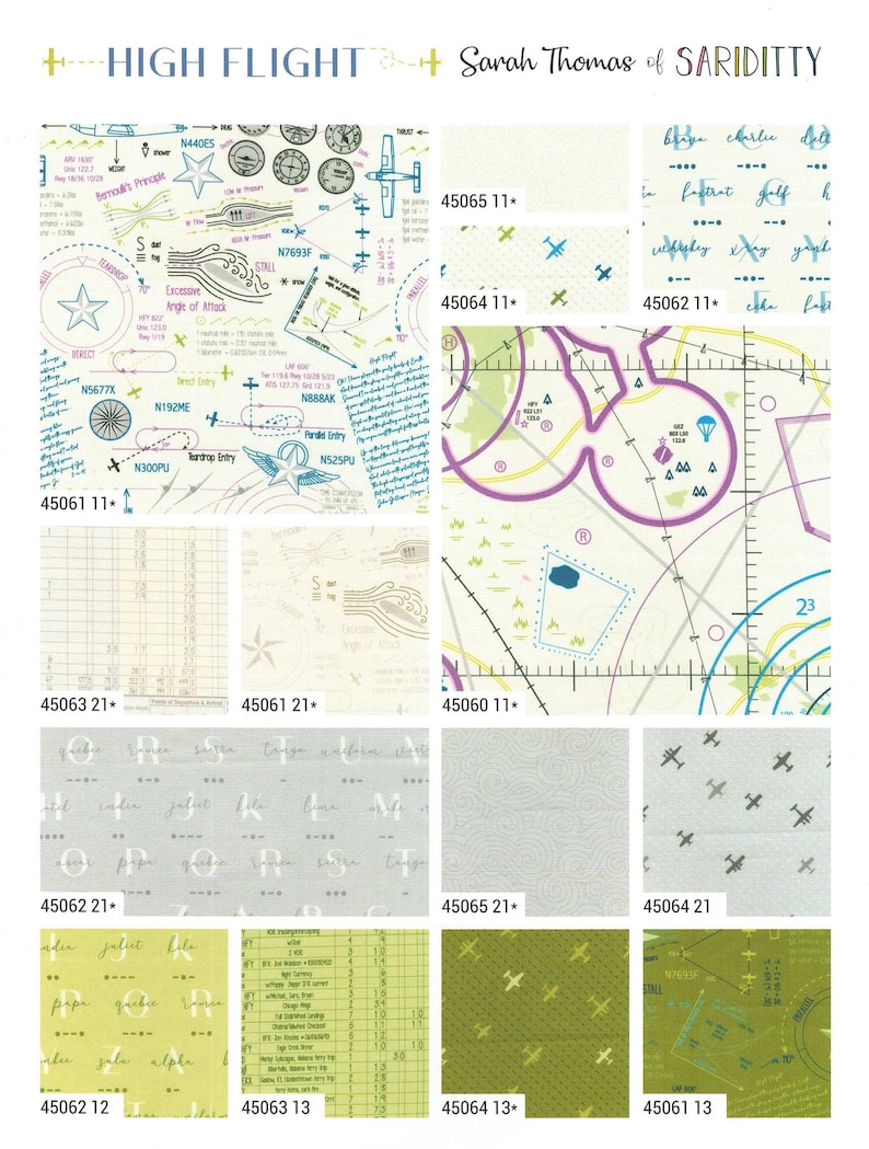 Pode incluir: Cole&ccedil;&atilde;o de tecidos com temas de avia&ccedil;&atilde;o. Os tecidos apresentam mapas, avi&otilde;es e termos de avia&ccedil;&atilde;o em v&aacute;rias cores, incluindo azul, verde e creme. O texto "HIGH FLIGHT" e "Sarah Thomas of SARIDITTY" s&atilde;o vis&iacute;veis.