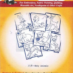 May include: A yellow and white Aunt Martha's Hot Iron Transfers package featuring the text 3738--Baby Animals. The cover displays blue line art illustrations of a rabbit, duck, deer, elephant, kitten, and lamb for embroidery and fabric crafts.