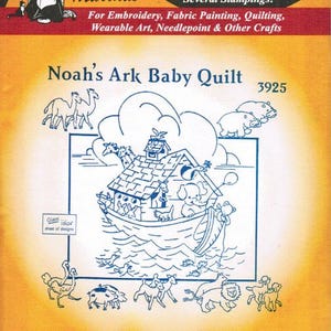 May include: Aunt Martha's Hot Iron Transfers sheet featuring a Noah's Ark Baby Quilt design. The image shows a detailed illustration of Noah's Ark with various animals, including camels, elephants, and lions. The design is suitable for embroidery, fabric painting, and quilting.