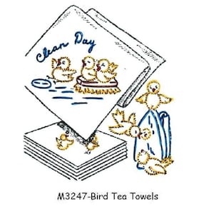 May include: A stack of white tea towels with a yellow bird design. The top towel has the words "Clean Day" embroidered on it. The towels are labeled "M3247-Bird Tea Towels".